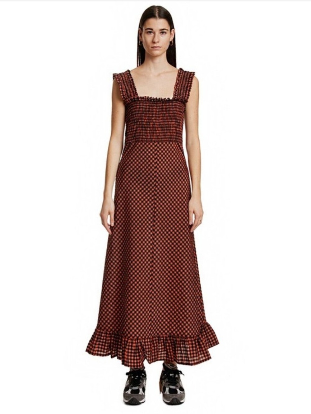 Ganni Black and Pink Checked Smocked Maxi Dress